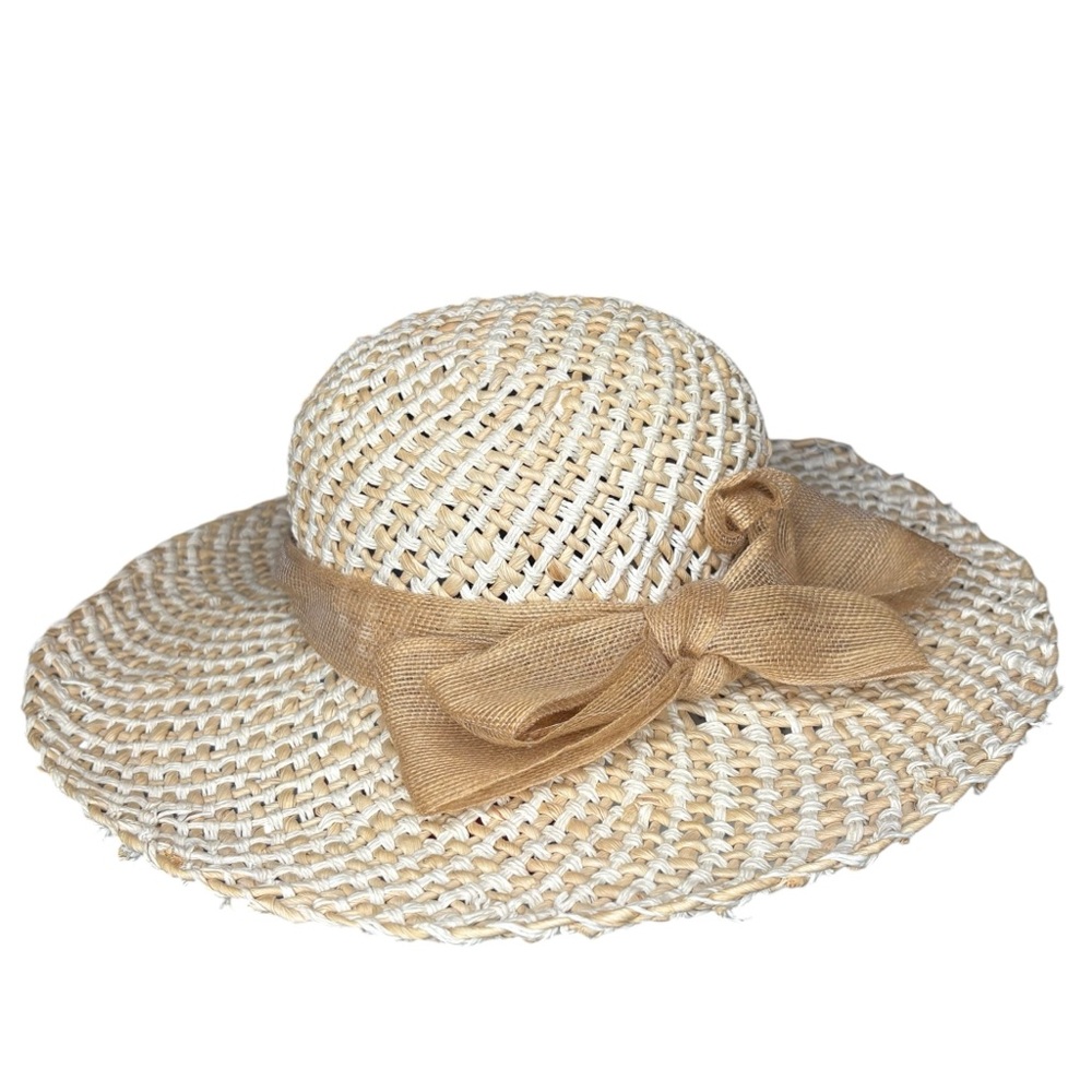 Vintage straw sun hat Drea Kadilak bow detail light tan woven wide brim
